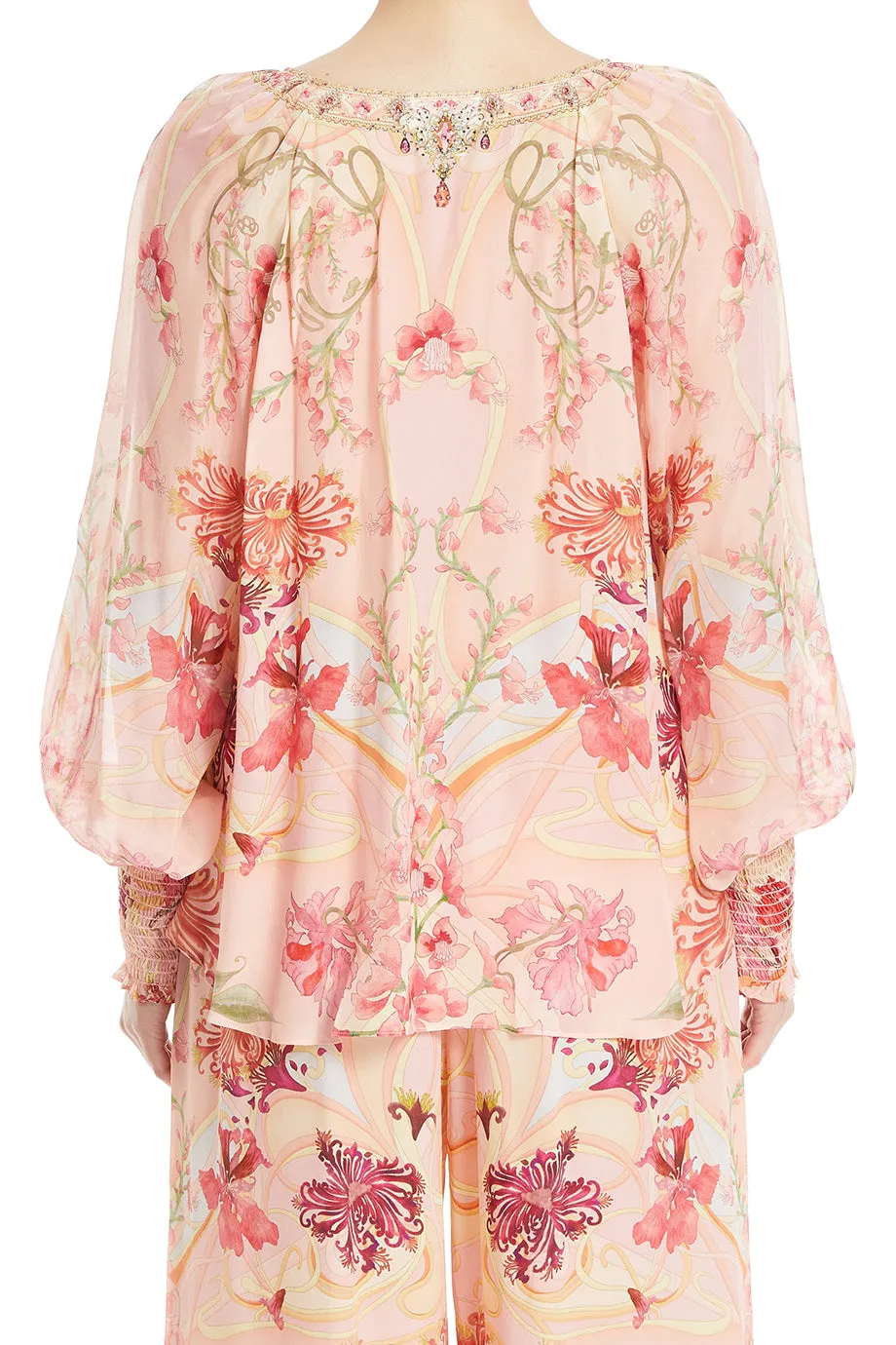 Shirred Cuff Floral Blouse