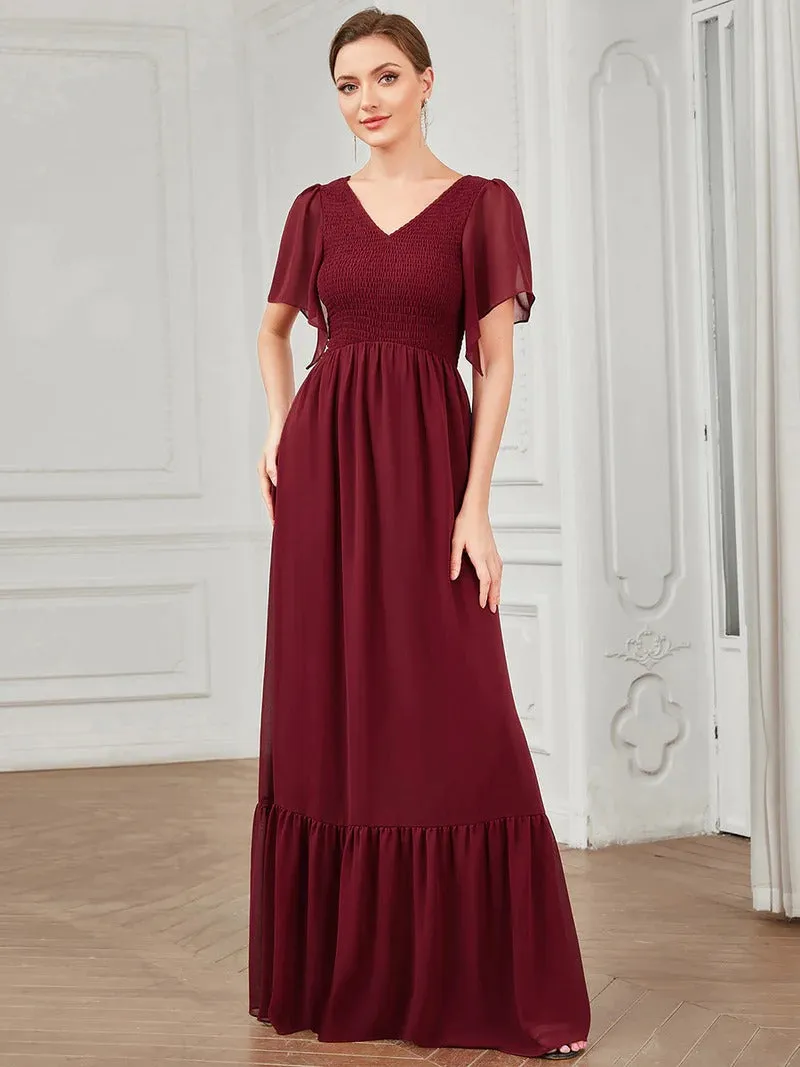 Simple V Neck Short Ruffles Sleeves A Line Evening Dresses