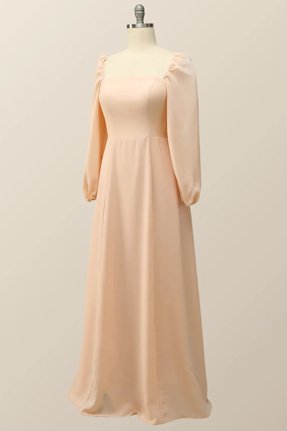 Square Neck Champagne Chiffon Long Bridesmaid Dress