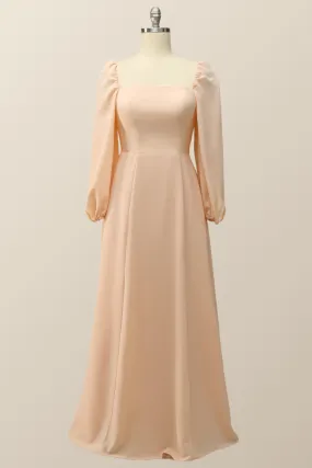 Square Neck Champagne Chiffon Long Bridesmaid Dress