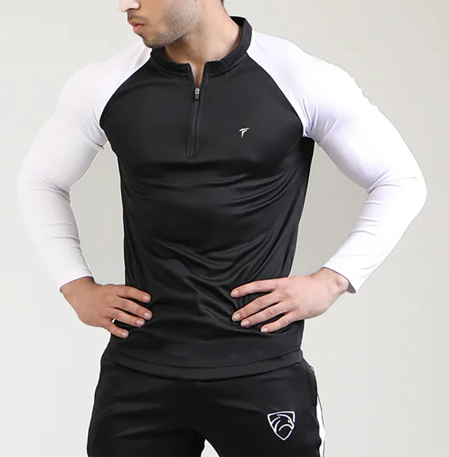 Tf-Black And White Zipper Raglan Mesh top