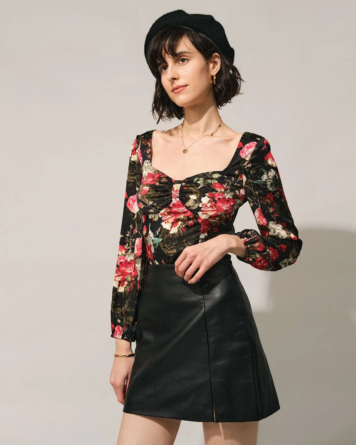 The Black Square Neck Floral Satin Blouse