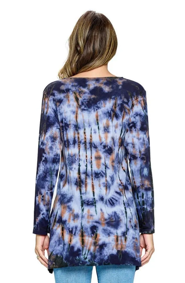 Tie-Dye Long Sleeved Blouse ~ Blue - White & Brown