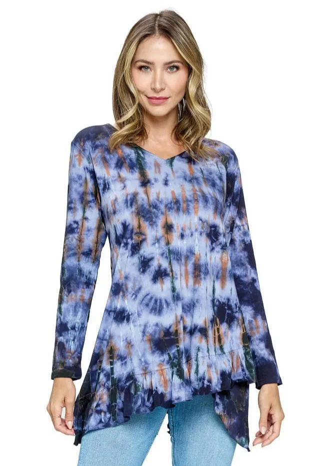 Tie-Dye Long Sleeved Blouse ~ Blue - White & Brown