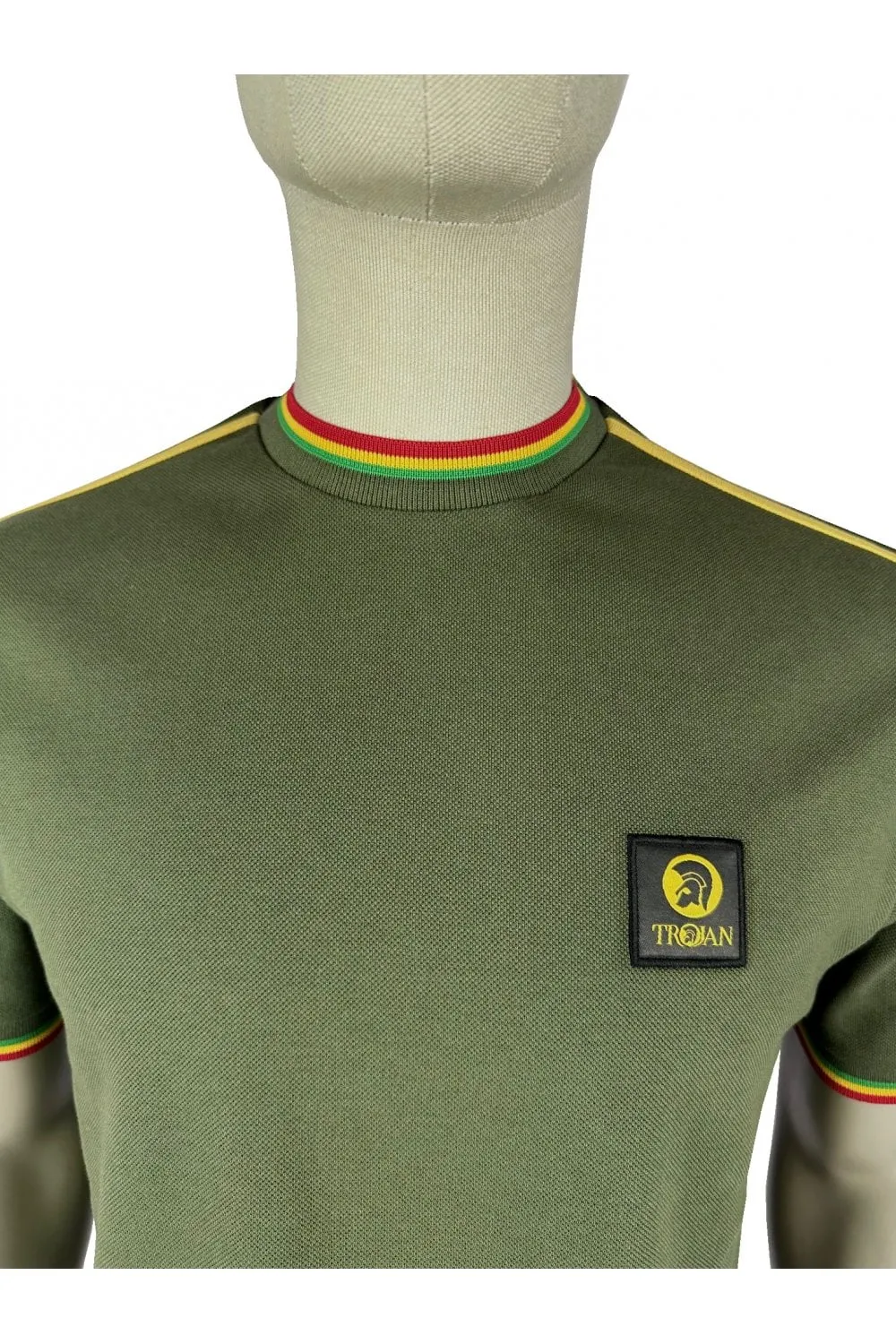 Trojan Records Men's TC1042 Three Colour Tipped Pique T Shirt Army Green