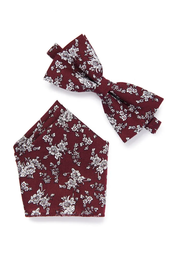 Vintage Floral Sketched Bow Tie - Burgundy & White