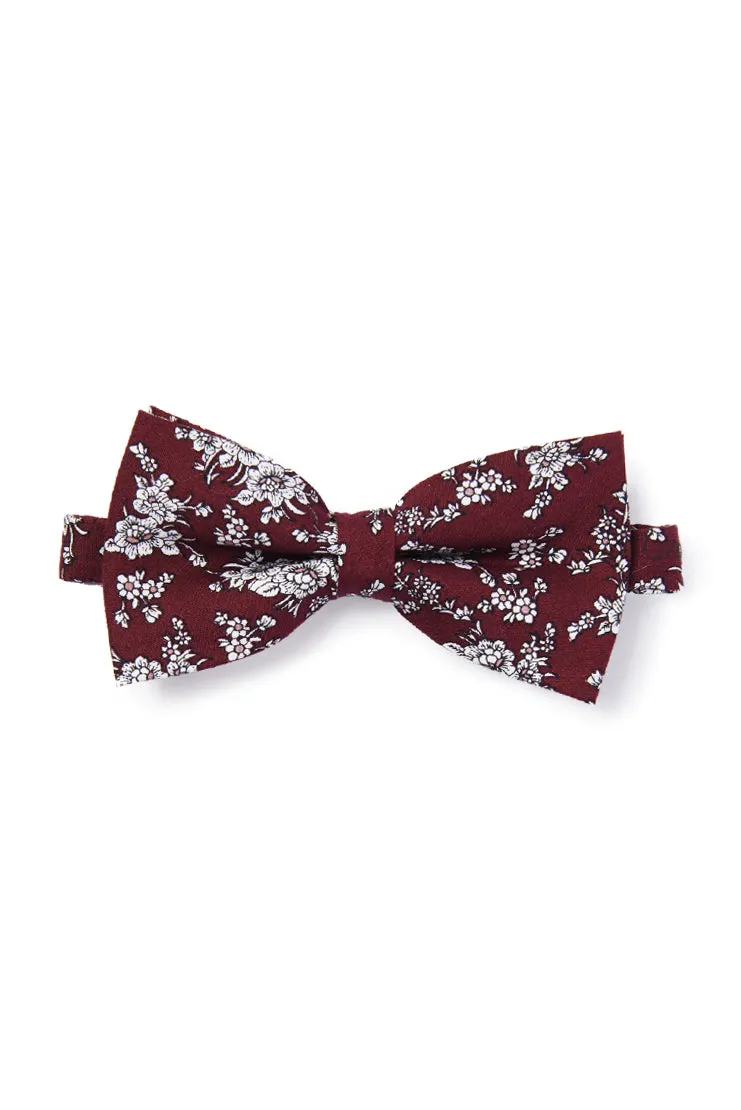 Vintage Floral Sketched Bow Tie - Burgundy & White