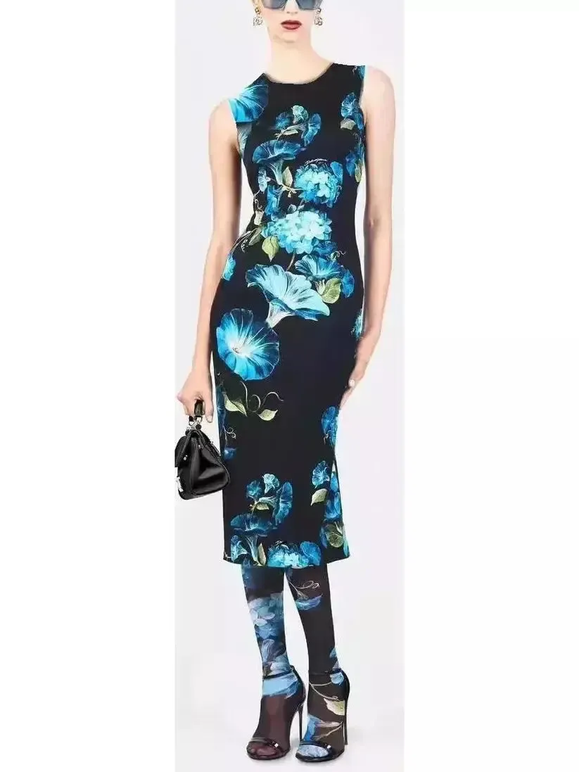 Women’s Bluebell Floral Print Silk Fitted Midi Dress