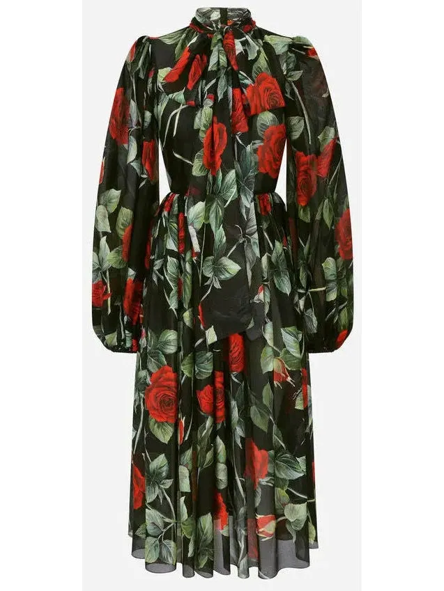 Women’s Chiffon Calf-Length Dress with Rose Print