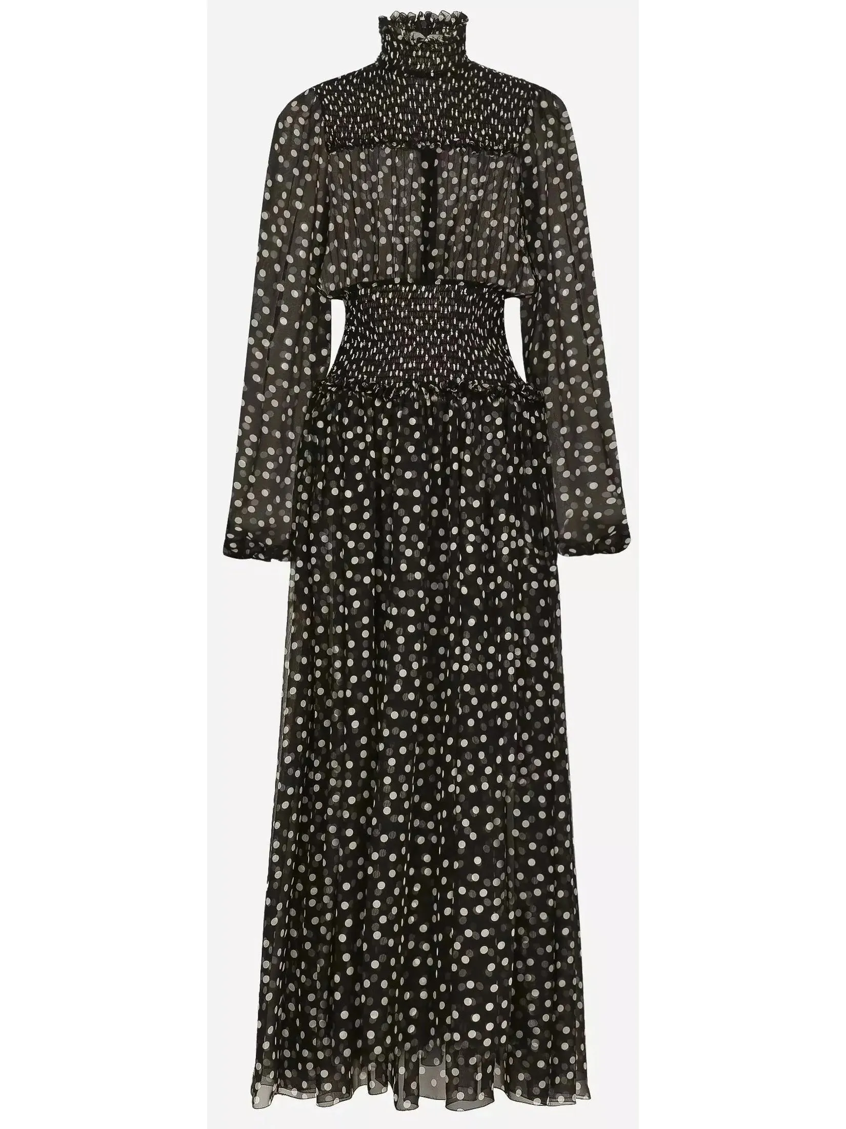 Women’s Chiffon Silk Midi Dress with Smock Stitching and Micro Polka Dot Print