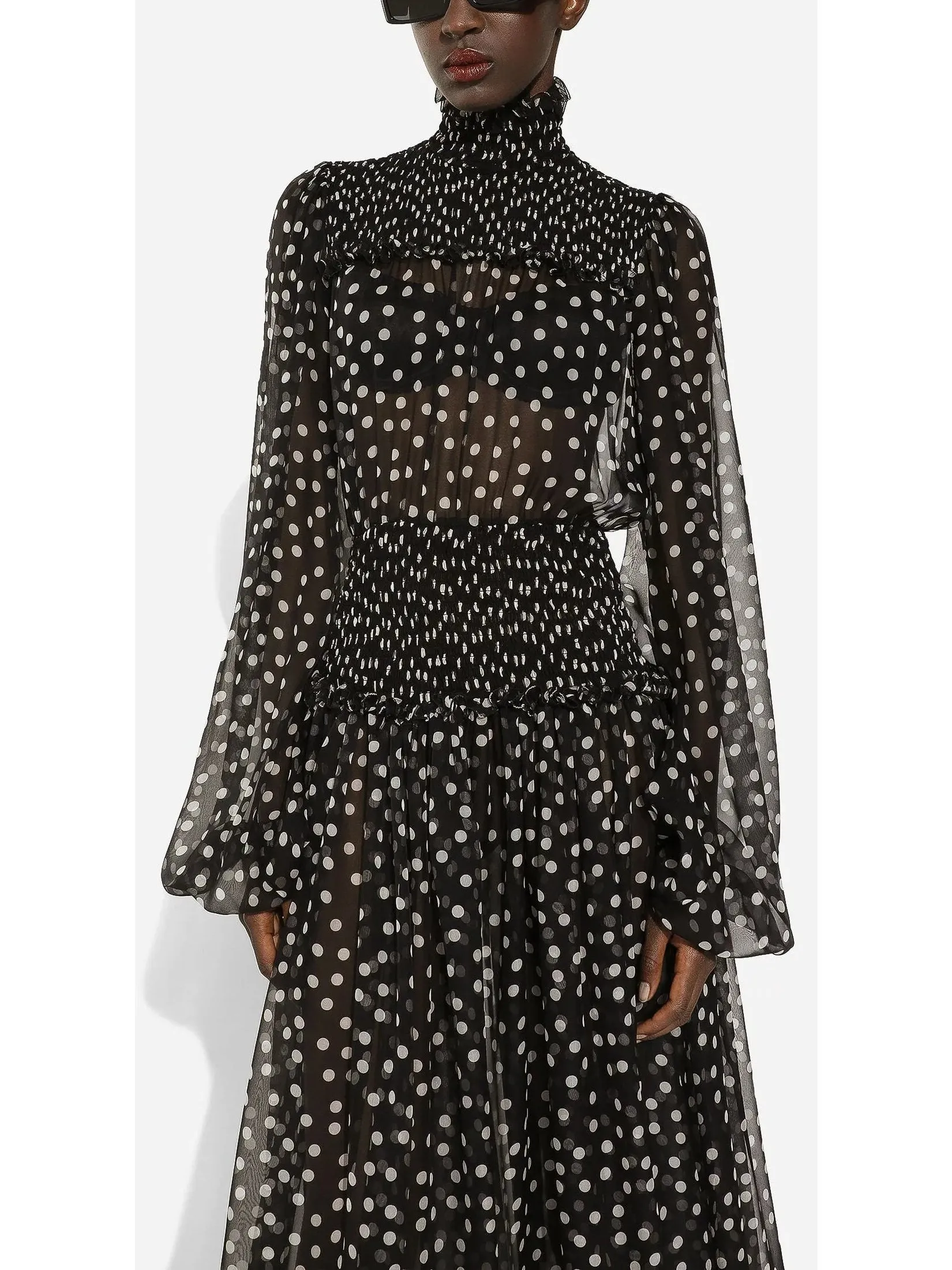 Women’s Chiffon Silk Midi Dress with Smock Stitching and Micro Polka Dot Print